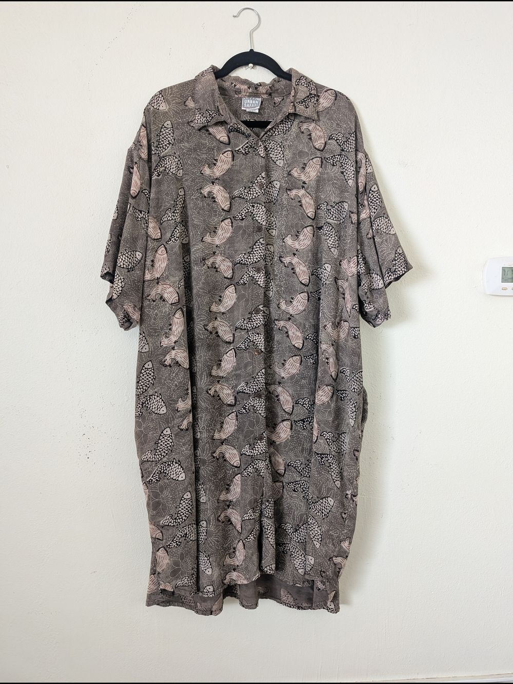Vintage Rayon Maxi-Length Shirt Dress, Fish Block Print, Plus-Friendly Free Size